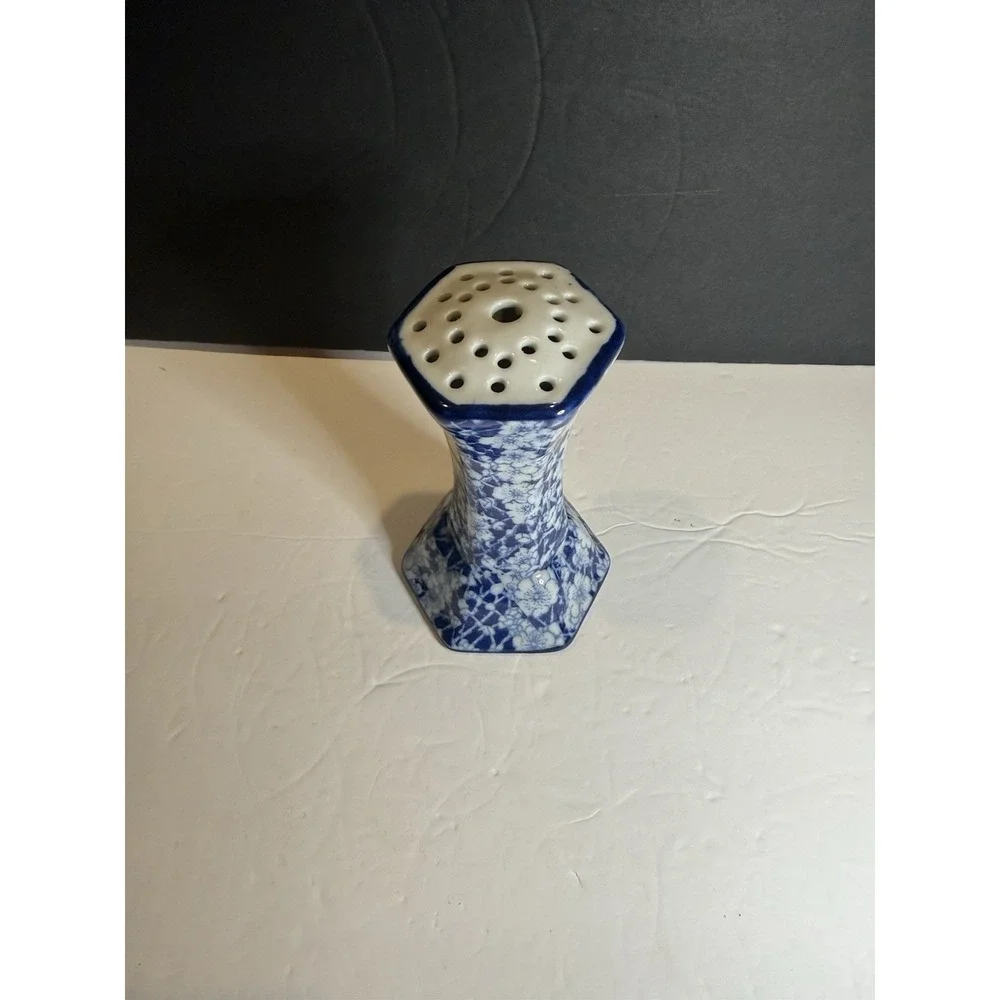 Victoria Ironstone Blue White Floral Flower Frog Vase Chinoiserie 5.5